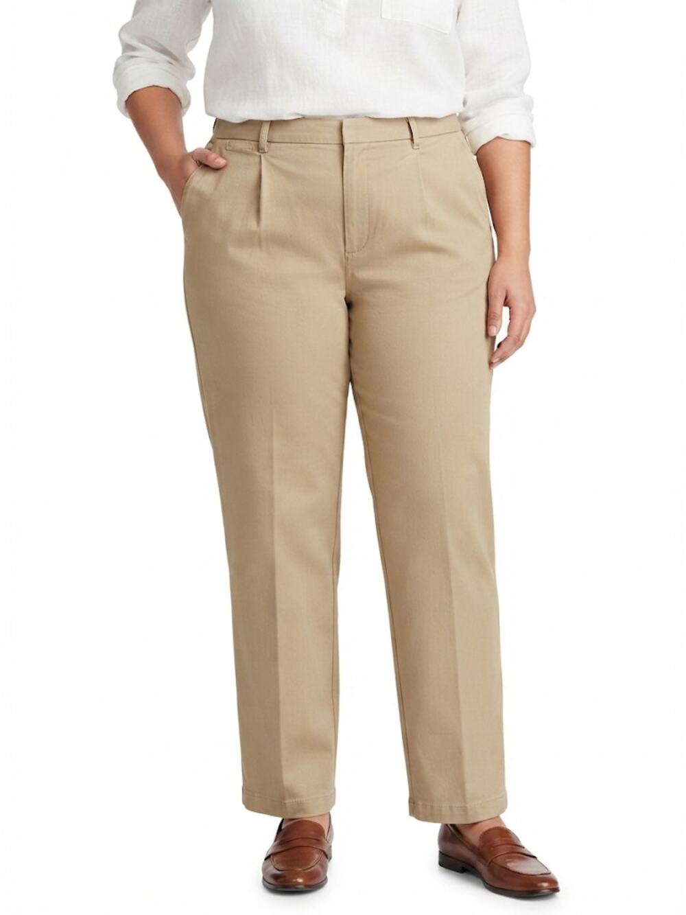 Villager Signature Women's Pleated Chino Trousers Khaki Pockets Plus Size 2X